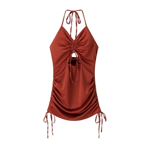 Sexy rust red halter neck dress with front cutout and adjustable side drawstring details