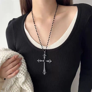 Gothic long beaded necklace with cross pendant for women in y2k punk style aesthetic