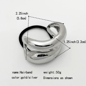 Minimalist silver geometric metal hair ring with size details and product dimensions