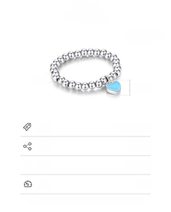 Detail showing 925 sterling silver beaded ring with light blue heart charm dimensions