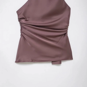 Satin halter neck top in mauve featuring elegant side ruching and glossy silk-like fabric