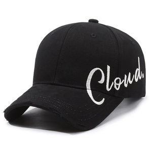 Black cotton baseball cap with white Cloud embroidery and distressed brim details