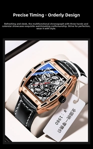 Detail view of tonneau quartz watch with skeleton dial and black leather strap in a gift box