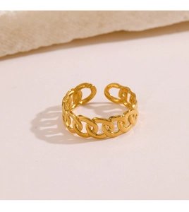 Macro detail of gold plated stainless steel chain ring with adjustable open design