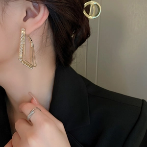 Chic triple-layer geometric triangle earrings with gold finish and white zircons