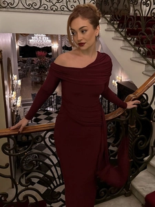 Elegant wine red off-shoulder long evening dress with slimming ruched design for women