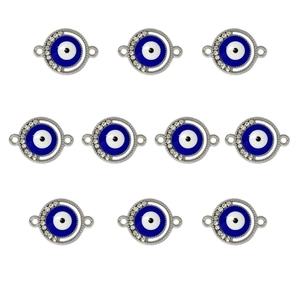 Detail of 10 silver devil eye charms with blue enamel and clear rhinestones