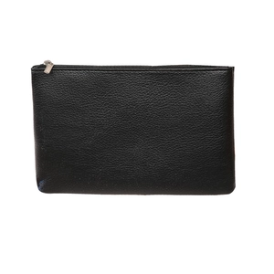 Slim black lychee pattern PU leather makeup pouch with silver zipper closure