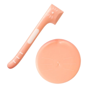 Universal silicone pet food can lid with cat-themed long handle spatula in peach pink