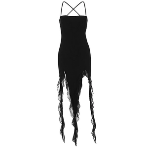 Detail of cross straps and irregular ruffle mesh hem on this black Y2K style slim dress