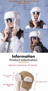 Detail view of khaki winter trapper hat with dimensions: 55-60cm circumference and 18cm ear flaps
