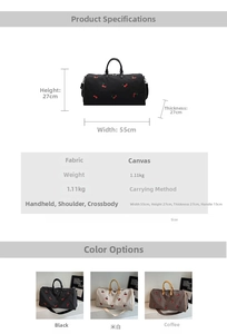 Detailed size chart and multi-color view of cherry print canvas travel bag