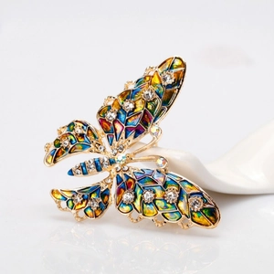 Elegant colorful enamel butterfly brooch with gold plating and sparkling rhinestones