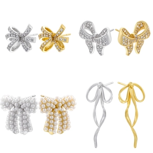 Elegant Bowknot Stud Earrings Crafted From Brass With Zircon And Artificial Pearl Accents Fashion Jewelry Ribbon Design For Women