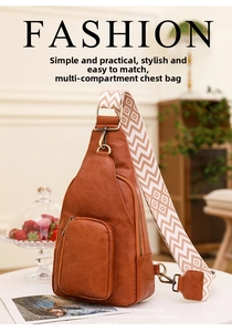 Detailaufnahme der braunen Leder-Gürteltasche mit geometrisch gemustertem breitem Gurt