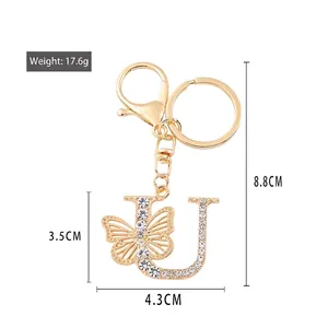 Golden butterfly letter U keychain with crystal rhinestones for car keys and bags