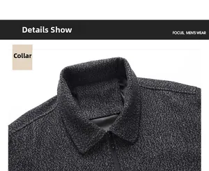Detail view of the gray wool blend lapel collar and zip-up neckline on men's jacket