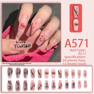 Long coffin pink gradient press-on nails with love yourself text and heart patterns