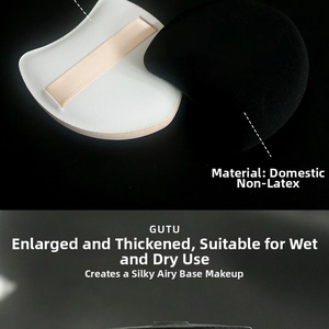 Detailed view of extra-large black and white makeup puffs with soft non-latex texture