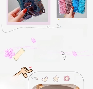 Detail of high-elasticity seamless hair ties in candy colors pack with storage bag