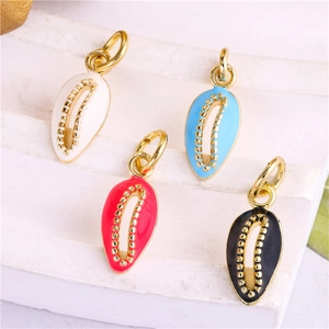 Detail showing shell-shaped enamel pendants in white, blue, pink and black colors