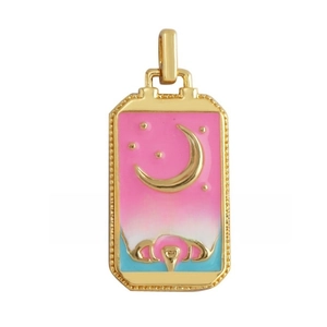 Enamel tarot pendant with crescent moon, stars and golden wolves on white background
