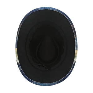 Overhead view of blue denim fedora hat for children with distressed brim and black lining