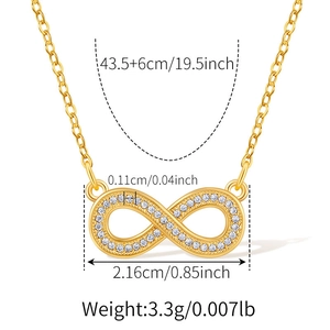 Detailed view of infinity pendant with dimensions 2.16cm and adjustable 49.5cm chain