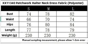 Detailed size chart for patchwork halter neck dress with measurements in centimeters