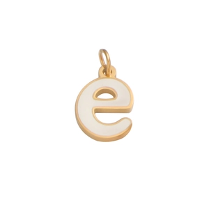 Macro shot of gold-plated lowercase 'e' letter pendant with white enamel finish