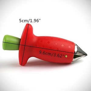 Stainless steel strawberry huller tool with dimensions 9.6cm by 5cm on white background