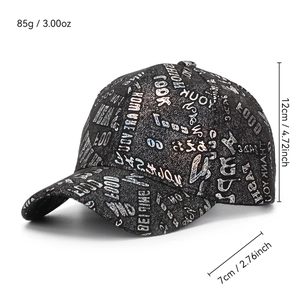 Black baseball cap with holographic graffiti print, side view showing size and weight