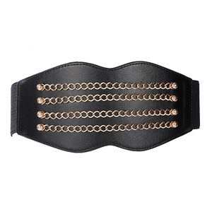 Women's vintage wide black leather corset belt with gold metal chains and elastic band