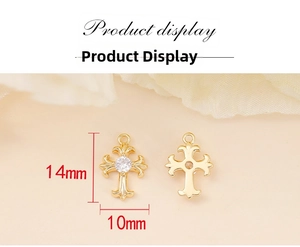 Detail of 14x10mm gold cross pendant with cubic zirconia for jewelry making
