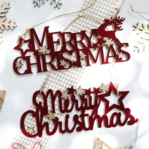 Merry Christmas Wood Hanging Ornaments Hollow Lettering Gold Glitter Star Xmas Tree Home Festive Decoration Red