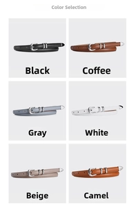 Detailed grid showing six elegant thin leather belts with silver buckles in varied colors