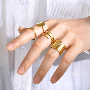 Close-up of minimalist gold geometric stainless steel ring set on model hand