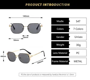 Detailed size chart for vintage metal sunglasses showing dimensions and PC lens specs