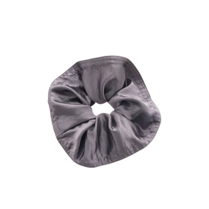 Glossy grey satin scrunchie with elegant pleats shown from a central front view