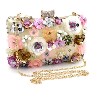 Elegant floral evening bag with pink and white 3D flowers and gold chain strap