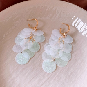 Detail of gold C-shape earrings featuring layered white iridescent sequins and tassels