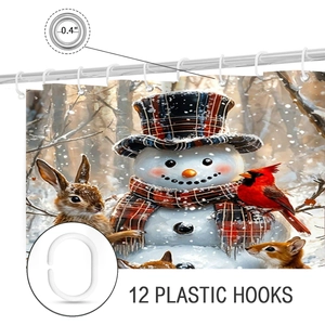 Winter shower curtain set detail with 12 plastic hooks and 0.4 inch metal grommets