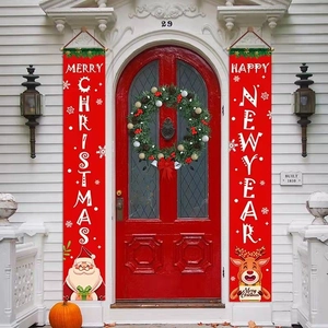 Merry Christmas and Happy New Year door banners set for outdoor holiday porch decoration