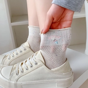 Women Crew Socks Combed Cotton Breathable Mid Calf Roll Top With Cartoon Animal Embroidery Colorful Dots Nep Yarn Casual Style