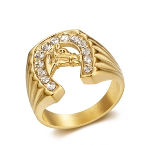 Hip hop style gold-plated titanium steel ring with horse head inside a horseshoe