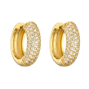 Elegant gold plated teardrop hoop earrings with pavé white zircon stones on white background