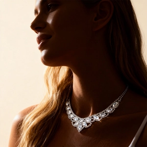 Close-up of sparkling oval rhinestone necklace on model with elegant floral lace design