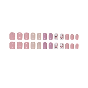 24pcs short round press-on nails set with heart pattern in pink purple and white