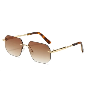 Classic rimless square sunglasses with brown gradient lenses and gold metal temples