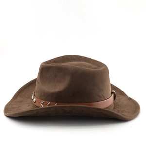 Detail of dark brown faux suede cowboy hat with studded leather band and metal V-trim